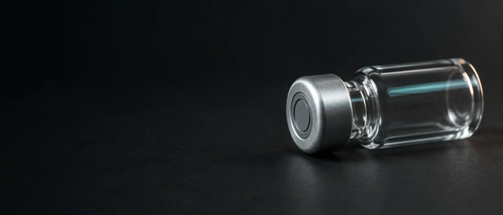 A single unlabelled glass vial with a plain metal cap, lying on a dark surface.